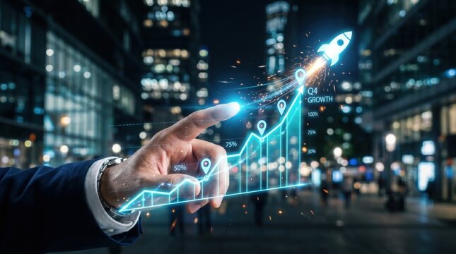 Startup Growth Concept: A businessman's finger points to a digital graph projecting upward, symbolizing rapid business growth and a successful startup launch.