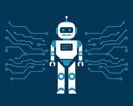 White robot with digital display and circuit lines