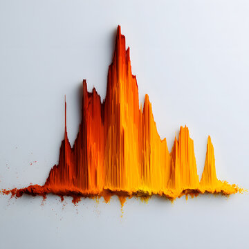 Vibrant orange and yellow powder histogram forming jagged mountain peak with vertical texture and shadow, energetic abstract chromatogram evoking motion and warmth