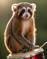 Fototapeta premium A pygmy slow loris ai-generated fictional species in a celestial horizon playing on a drum.