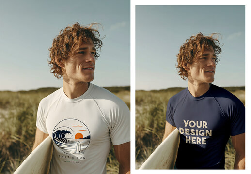 Men&rsquo;s Surf T-Shirt Mockup PSD Beach Lifestyle Preview