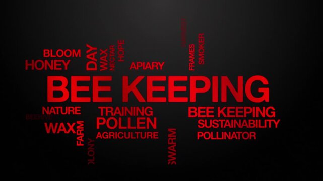 Bee keeping concept Animated Tag Word Cloud kinetic typography, Text Design Animation typography seamless loop video motion graphics Intro Wordart arrangement tagcloud red type on black background bg 