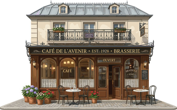 Beautiful illustration of an old Parisian cafe and brasserie building with a wrought iron balcony and street sidewalk dining isolated on white background