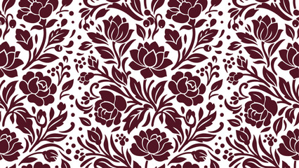 Fototapeta premium Seamless Floral Pattern with Dark Burgundy Roses and Foliage on White Background
