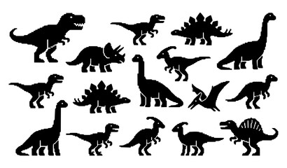 Retro Gaming Style Dinosaur Pixel Silhouette Collection Vector Set of Prehistoric Animals Icons on White Background © Md Humaun