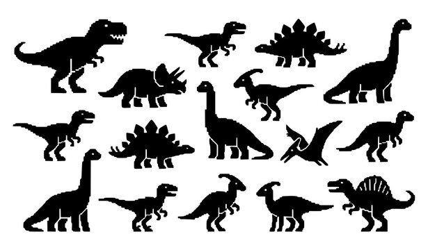 Retro Gaming Style Dinosaur Pixel Silhouette Collection Vector Set of Prehistoric Animals Icons on White Background
