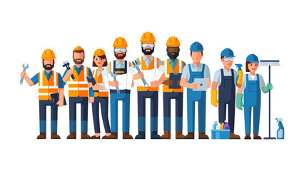Construction and Cleaning Crew: A diverse team of construction workers and cleaning professionals stands together, ready for any task. © Ajm