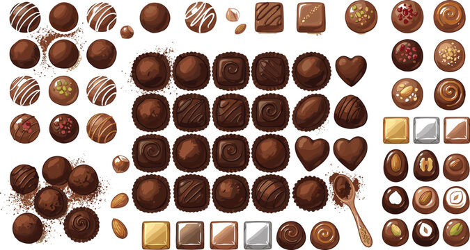 Large flat lay collection of assorted gourmet chocolate truffles pralines candies and cocoa powder with a wooden spoon isolated on a white background