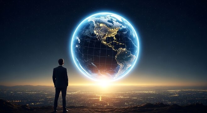 Businessman standing on a mountain overlooking city lights and the glowing Earth in space