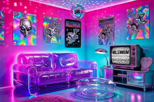 Surreal Y2K retro bedroom with inflatable purple vinyl sofa and vintage television under disco ball light