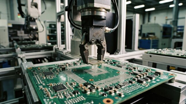 Medium shot of a robot precisely placing a finepitch BGA component onto solderpasted pads on a compact consumer electronics circuit board. Closeup medium shot showing robotic arm
