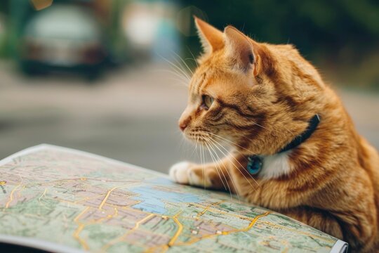Cute ginger cat wearing a collar is looking at a map and planning a trip