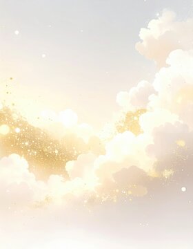 Soft, ethereal clouds illuminated by golden light and sparkling particles