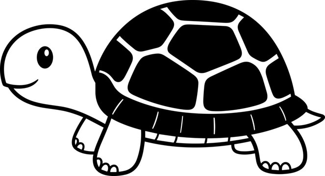 Cute cartoon turtle illustration, simple black and white drawing, isolated on white background.