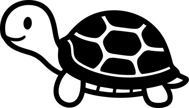 Cute cartoon turtle illustration, simple black and white drawing, happy animal character.