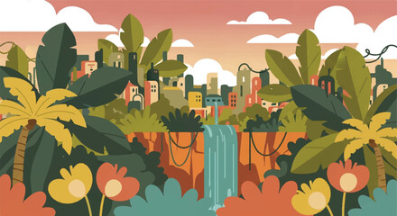 Cartoon cityscape with lush vegetation and waterfall illustration © upeh