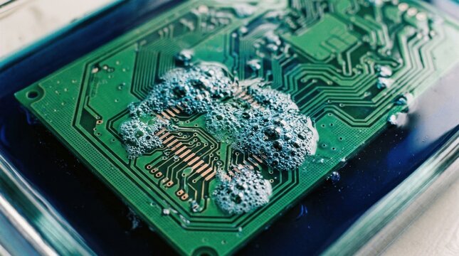 Closeup medium shot showing the bubbling reaction of cupric chloride on copper surface as unwanted copper is chemically removed to define intricate circuit patterns on a green PCB.