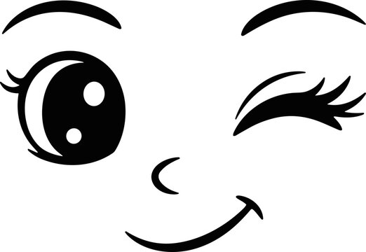 Cute cartoon face winking and smiling, simple black and white illustration