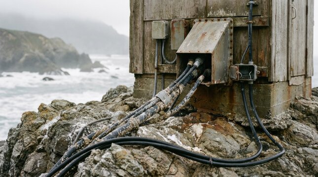 Close view of a coastal utility hut for undersea cable operations positioned on a rocky outcrop with visible connectors and protective enclosures.