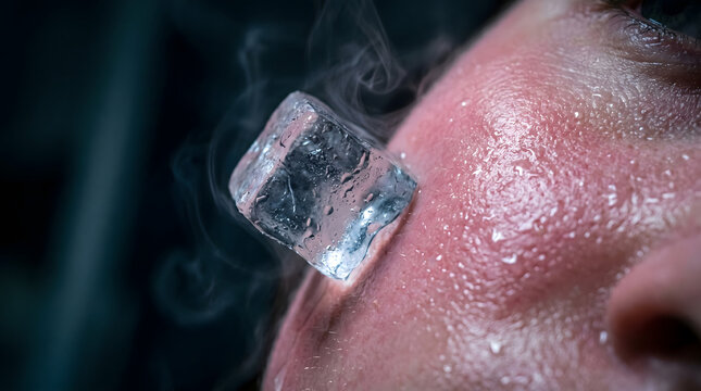 Ice cube held against a flushed cheek provides a cooling sensation to soothe inflamed skin.