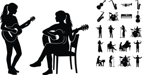 Musician Silhouettes Collection with Guitar Players Singers and Band Instruments Vector Illustration Isolated on Light Background © Mst