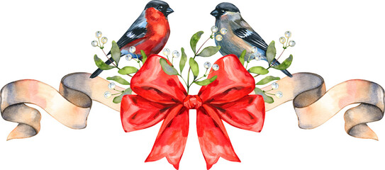 Watercolor Christmas arrangement with bullfinch and great tit birds, a central red bow, a beige ribbon, greenery, and white berries. Symmetrical festive illustration for invitations, greeting cards © Natali_Mias