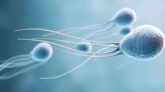 Abstract fertility science background with glowing sperm cells in blue microscopic space, reproductive biology and IVF research concept fertility science, sperm cell, spermatozoa