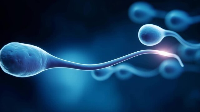 Abstract fertility science background with glowing sperm cells in blue microscopic space, reproductive biology and IVF research concept fertility science, sperm cell