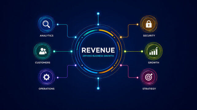 Core drivers of corporate revenue optimization and sustainable business growth diagram.