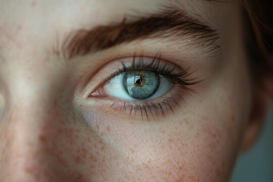Close up of a freckled face highlighting a captivating green eye, showcasing natural beauty and unique features