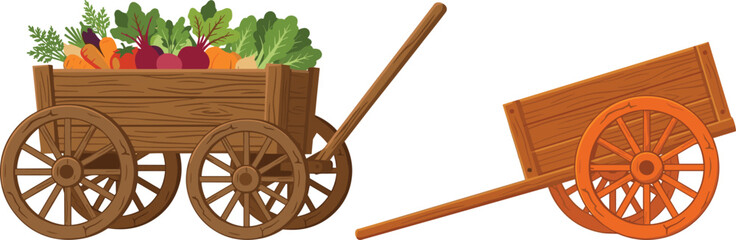 Wooden Farm Wagon Loaded with Fresh Harvest Vegetables and Empty Cart Vector Elements Set for Agriculture, Gardening, and Local Farmers Market Graphic Designs © MstGulzan