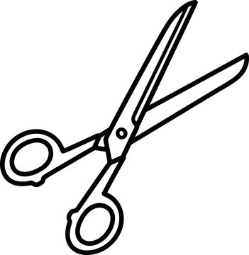 Simple outline illustration of an open pair of scissors on a white background.