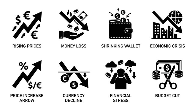 Economic crisis silhouette vector icons set featuring rising prices, money loss, shrinking wallet, currency decline, financial stress, budget cut, recession, inflation illustration