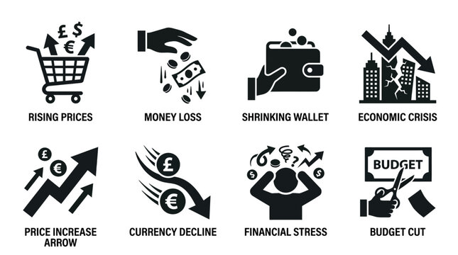 Economic crisis silhouette vector icons set featuring rising prices, money loss, shrinking wallet, currency decline, financial stress, budget cut, recession, inflation illustration