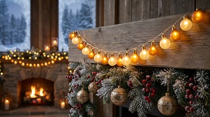 Fototapeta premium Cozy fireplace decorated with Christmas garland and warm string lights, creating a festive and inviting holiday interior scene for winter season.