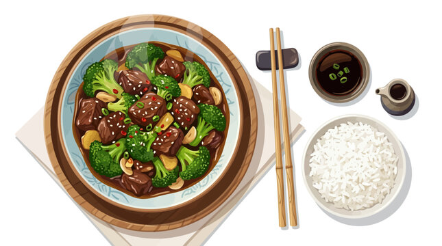 Chinese beef and broccoli stir fry dish with rice
