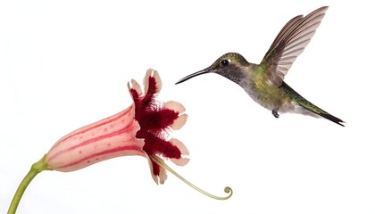 Fototapeta premium Minimal hummingbird with flower isolated on white background with shadow cut out. Clean nature composition, delicate bird and blossom interaction, elegant floral wildlife concept . AI Generated.