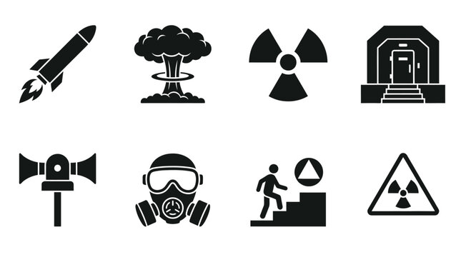 Radiation hazard silhouette vector icons set featuring rocket, mushroom cloud explosion, radiation warning, bunker shelter, siren alarm, gas mask, safety signs, nuclear emergency illustration