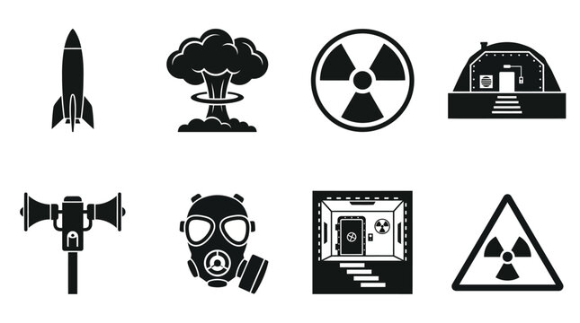 Nuclear hazard silhouette vector icons set featuring rocket, mushroom cloud explosion, radiation symbol, bunker shelter, siren alarm, gas mask, warning sign, underground safety illustration