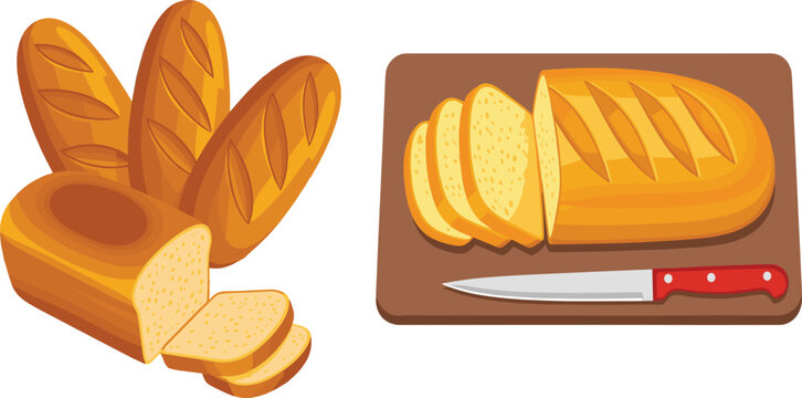 Freshly Baked Bread Loaf and Baguettes Set with Sliced Wheat Bread on Cutting Board with Kitchen Knife Vector Bakery Design Illustration