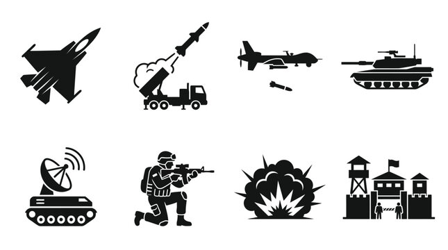 Military equipment silhouette vector icons set featuring fighter jet, missile launch, drone strike, tank, radar system, soldier, explosion blast, fortified military base illustration