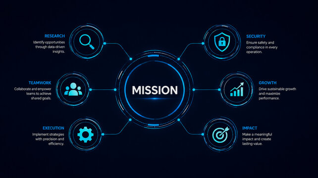 Strategic core values and mission statement diagram for business success.