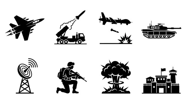 Military equipment silhouette vector icons set featuring fighter jet, missile launch, drone strike, tank, radar system, soldier, explosion blast, fortified military base illustration