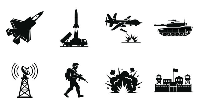 Military equipment silhouette vector icons set featuring fighter jet, missile launch, drone strike, tank, radar system, soldier, explosion blast, fortified military base illustration