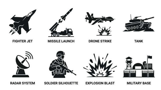 Military equipment silhouette vector icons set featuring fighter jet, missile launch, drone strike, tank, radar system, soldier, explosion blast, fortified military base illustration