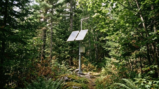 Midrange view of a solarpowered relay system nestled among dense forest trees highlighting ecofriendly offgrid communication enabled by integrated solar panels.