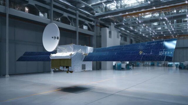 Communication satellite under construction in high-tech industrial facility, space engineering and aerospace manufacturing background communication satellite