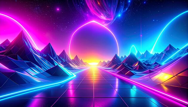 Vibrant neon lights illuminate futuristic mountains and a glowing orb at sunset in a sci-fi landscape with neon lines and a starry night sky.
