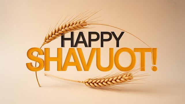 Happy Shavuot greeting text displayed with golden wheat stalks on a light background