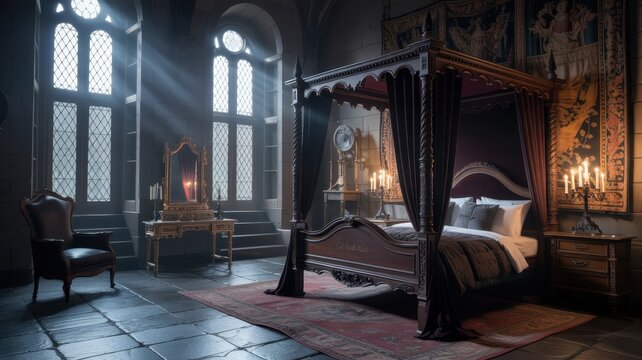 Majestic medieval bedroom with ornate canopy bed, antique furniture, and sunbeams streaming through gothic windows.
